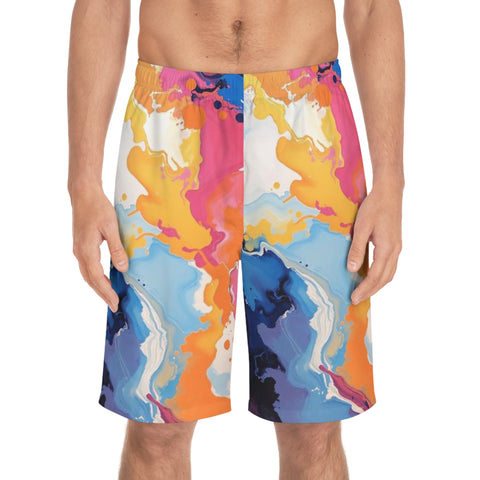 Abstract Color Splash Board Shorts — Vibrant Marble AOP Men's Swim Trunks