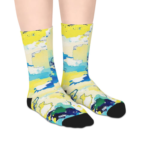 Abstract Blue & Yellow Mid-Length Socks — Artistic Watercolor Pattern