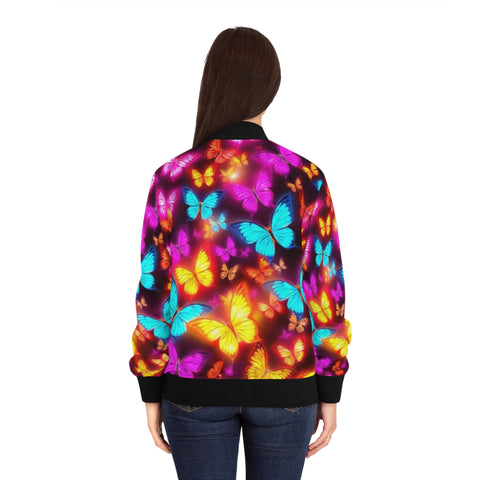 Butterfly Glow Bomber Jacket — Vibrant Neon Butterflies All-Over Print