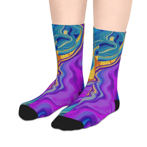 Colorwave Abstract Mid-Length Socks — Vibrant Psychedelic Marble Design