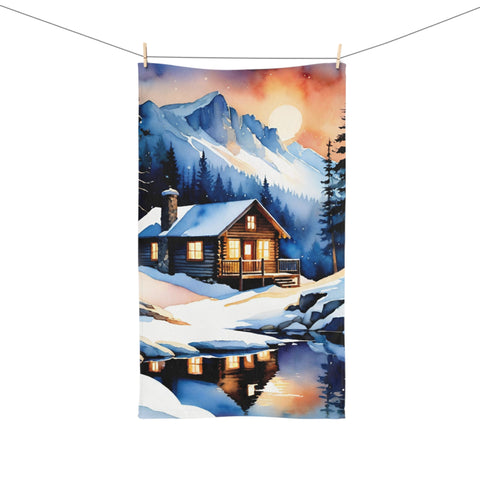 Hand Towel — Cozy Winter Cabin Landscape | Mountain Lodge Snow Scene