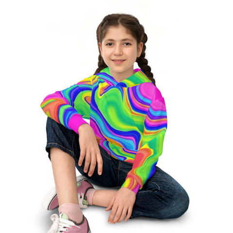 Kids Psychedelic Swirl Hoodie – Bright Rainbow All-Over Print