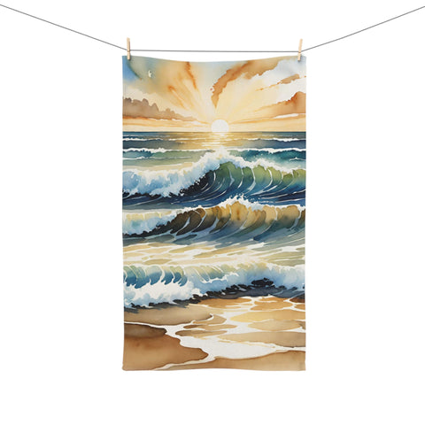 Sunset Ocean Waves Hand Towel — Coastal Watercolor Beach Decor