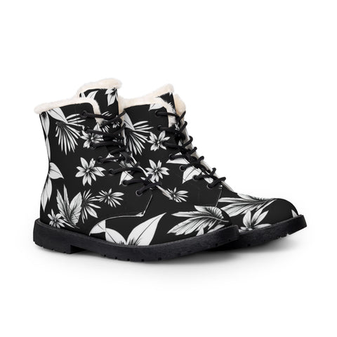 Floral Fur-Lined Leather Boots — Black & White Winter Combat Boots