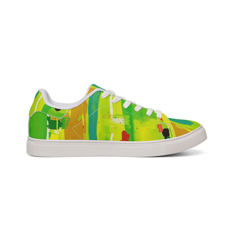 Men's Low-Top Sneakers — Bright Abstract Green & Yellow Leather Casual Shoes
