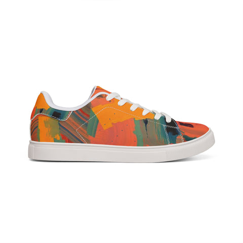Men's Low-Top Sneakers — Abstract Orange Art Leather Shoes