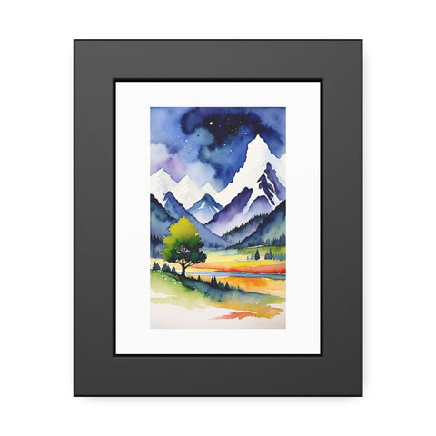 Framed Mountain Watercolor Print — Scenic Landscape Paper Poster