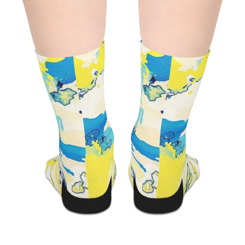 Abstract Blue & Yellow Mid-Length Socks — Artistic Watercolor Pattern
