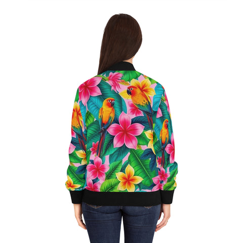 Tropical Parrot Floral Bomber Jacket — Women's Colorful Hawaiian AOP