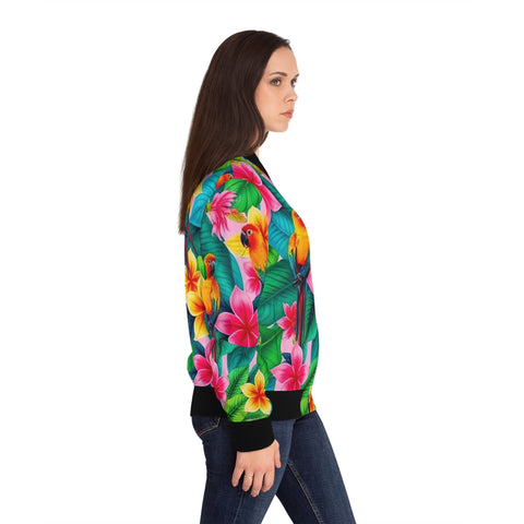 Tropical Parrot Floral Bomber Jacket — Women's Colorful Hawaiian AOP