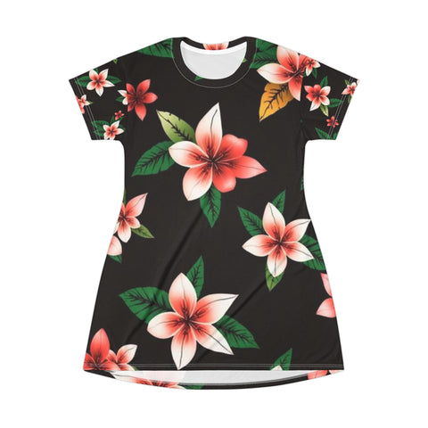 Floral Plumeria T-Shirt Dress — Pink Tropical All-Over Print