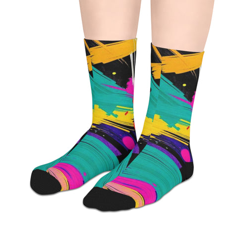 Vibrant Abstract Brushstroke Mid-Length Socks — Colorful Retro Art Crew Socks