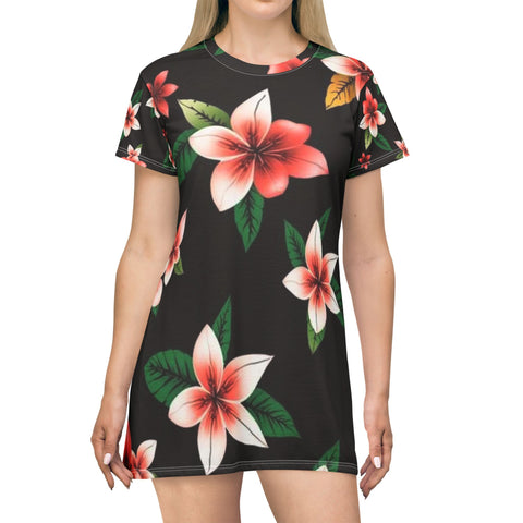Floral Plumeria T-Shirt Dress — Pink Tropical All-Over Print