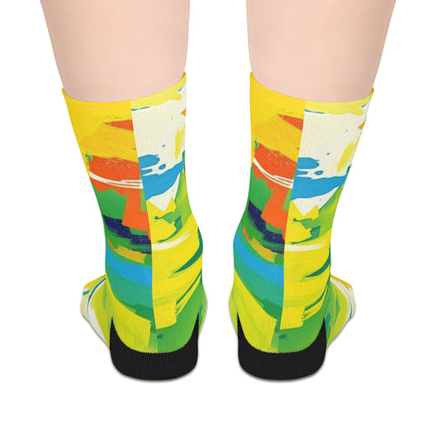 Colorful Abstract Art Mid-Length Socks — Bright Yellow Green Paint Splash Design