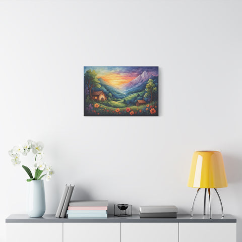 Sunset Valley Landscape Canvas Print — Cottage, Mountains & Wildflowers Matte Stretched