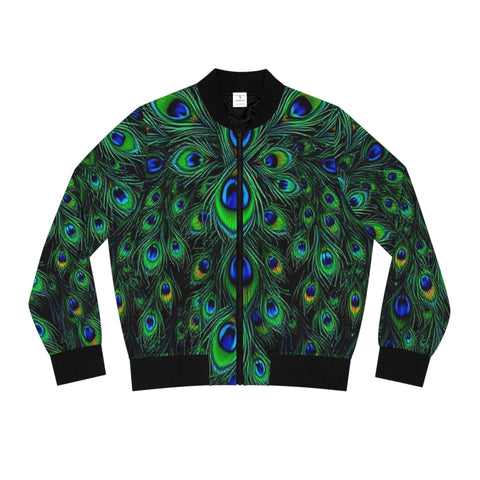 Peacock Feather All-Over Print Bomber Jacket — Women's Vibrant Green Blue Statement Outerwear