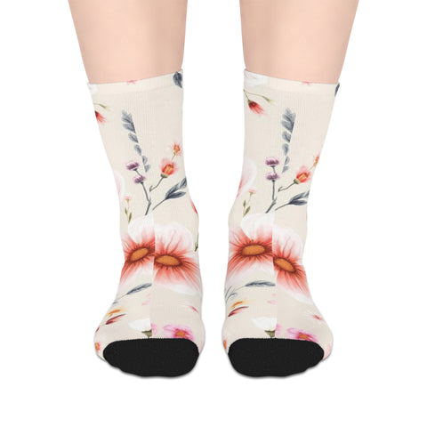 Floral Mid-Length Socks — Soft Pink Watercolor Blooms Pattern