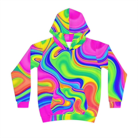 Kids Psychedelic Swirl Hoodie – Bright Rainbow All-Over Print