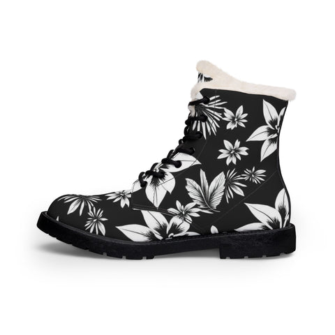 Floral Fur-Lined Leather Boots — Black & White Winter Combat Boots