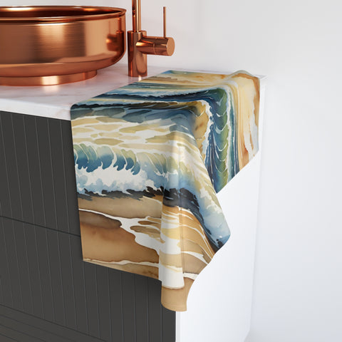 Sunset Ocean Waves Hand Towel — Coastal Watercolor Beach Decor