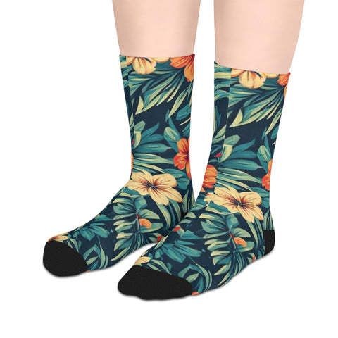 Tropical Floral Mid-Length Socks — Hibiscus Leaf Pattern