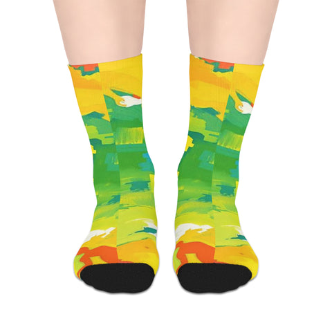 Colorful Abstract Art Mid-Length Socks — Bright Yellow Green Paint Splash Design