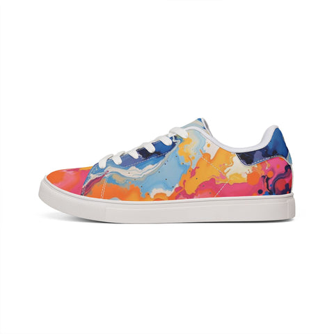 Men's Low-Top Leather Sneakers — Vibrant Abstract Watercolor Print