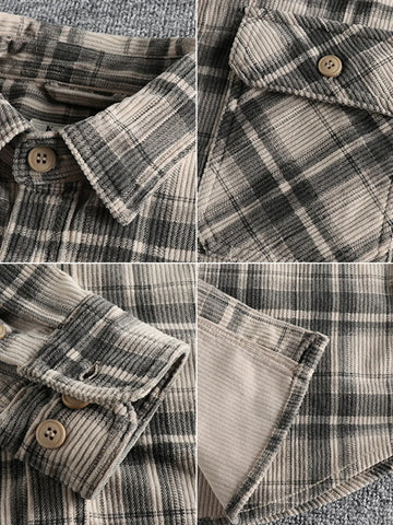 Men's Plus Size Button Down Plaid Corduroy Shirt with Chest Pockets