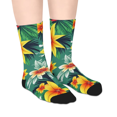 Tropical Floral Mid-Length Socks — Green Hibiscus Beach Print