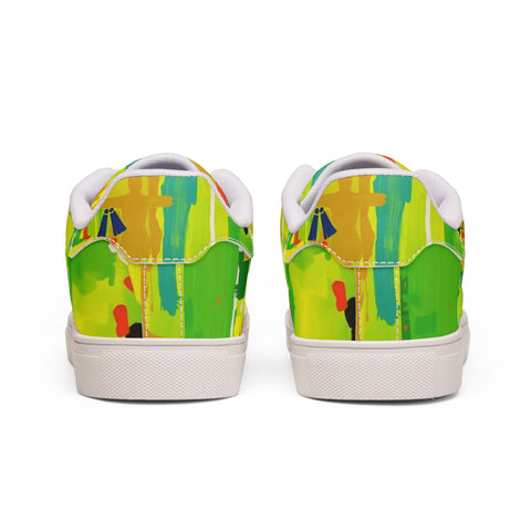 Men's Low-Top Sneakers — Bright Abstract Green & Yellow Leather Casual Shoes