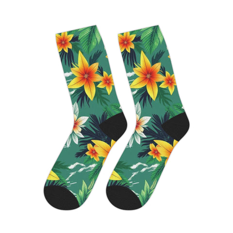 Tropical Floral Mid-Length Socks — Green Hibiscus Beach Print