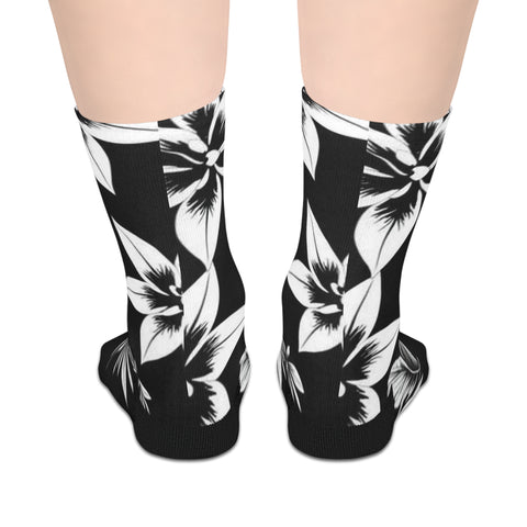 Floral Stripe Mid-Length Socks — Black & White Tropical Flower Crew Socks