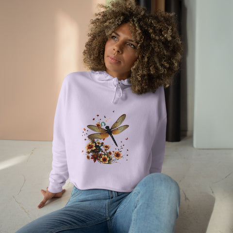 Dragonfly Floral Crop Hoodie — Botanical Watercolor Dragonfly Graphic