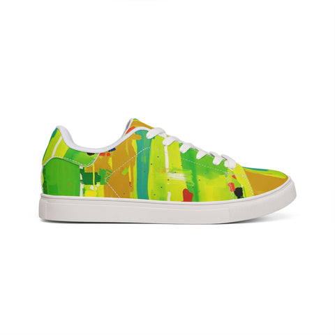 Men's Low-Top Sneakers — Bright Abstract Green & Yellow Leather Casual Shoes