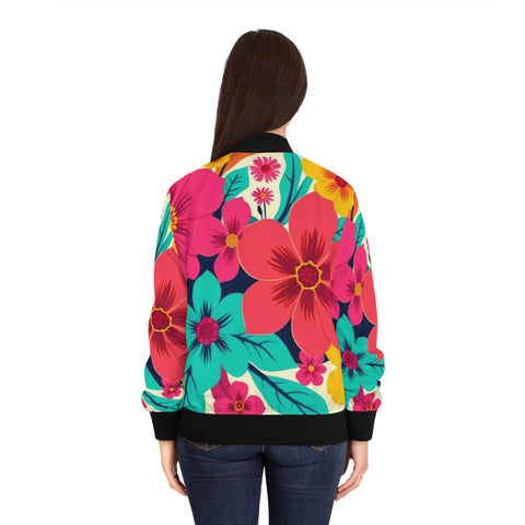 Floral Burst Women's Bomber Jacket — Bright Hawaiian All-Over Print