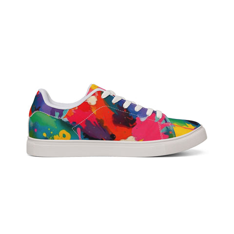 Men's Low-Top Leather Sneakers — Vibrant Multicolor Abstract Paint Splash Design