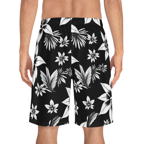 Black & White Hawaiian Floral Board Shorts — Men's Tropical Swim Trunks