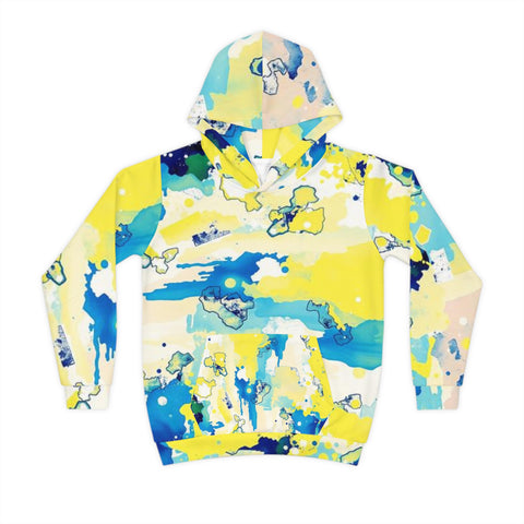 Kids Abstract Watercolor Hoodie – Blue & Yellow All-Over Print