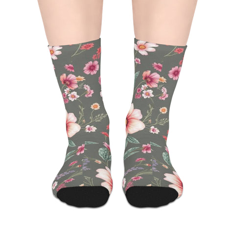 Floral Blooms Mid-Length Socks — Vintage Green Pink Flower Crew Socks