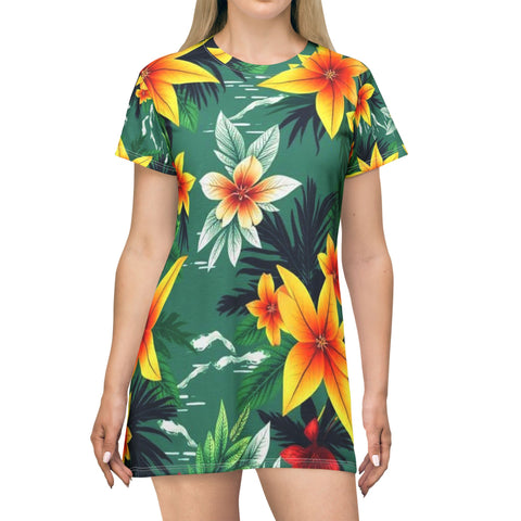 Tropical Floral T-Shirt Dress — Green Hibiscus All-Over Print