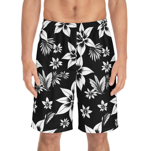 Black & White Hawaiian Floral Board Shorts — Men's Tropical Swim Trunks