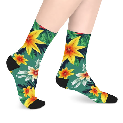 Tropical Floral Mid-Length Socks — Green Hibiscus Beach Print