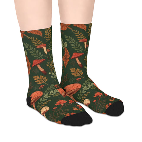 Autumn Mushroom Crew Socks — Forest Leaves & Fungi Mid-Calf Socks