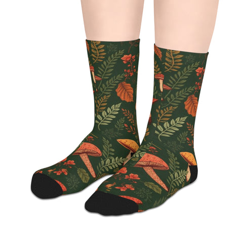 Autumn Mushroom Crew Socks — Forest Leaves & Fungi Mid-Calf Socks