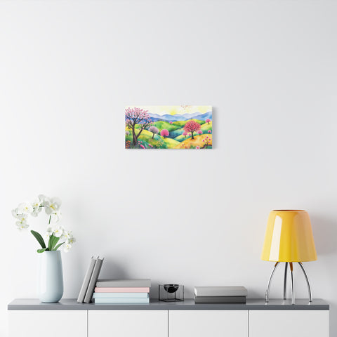 Spring Meadow Canvas Wall Art — Colorful Cherry Blossom Landscape, Stretched Matte Canvas
