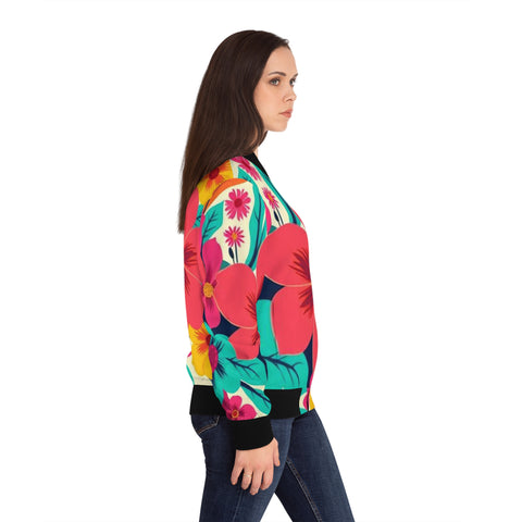 Floral Burst Women's Bomber Jacket — Bright Hawaiian All-Over Print