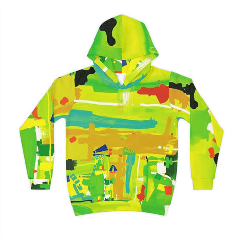 Kids Abstract Green Hoodie — Bright All-Over Print Sweatshirt