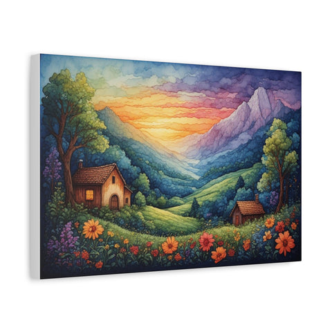 Sunset Valley Landscape Canvas Print — Cottage, Mountains & Wildflowers Matte Stretched
