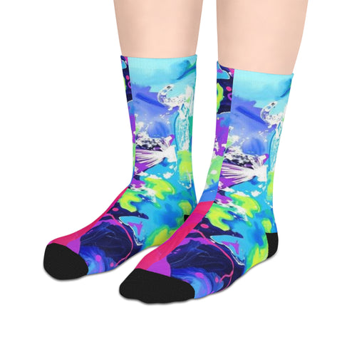 Vibrant Abstract Mid-Length Socks — Neon Tie-Dye Athletic Crew Socks