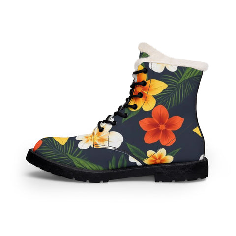 Floral Fur-Lined Leather Boots — Tropical Orange & Yellow Hibiscus Print